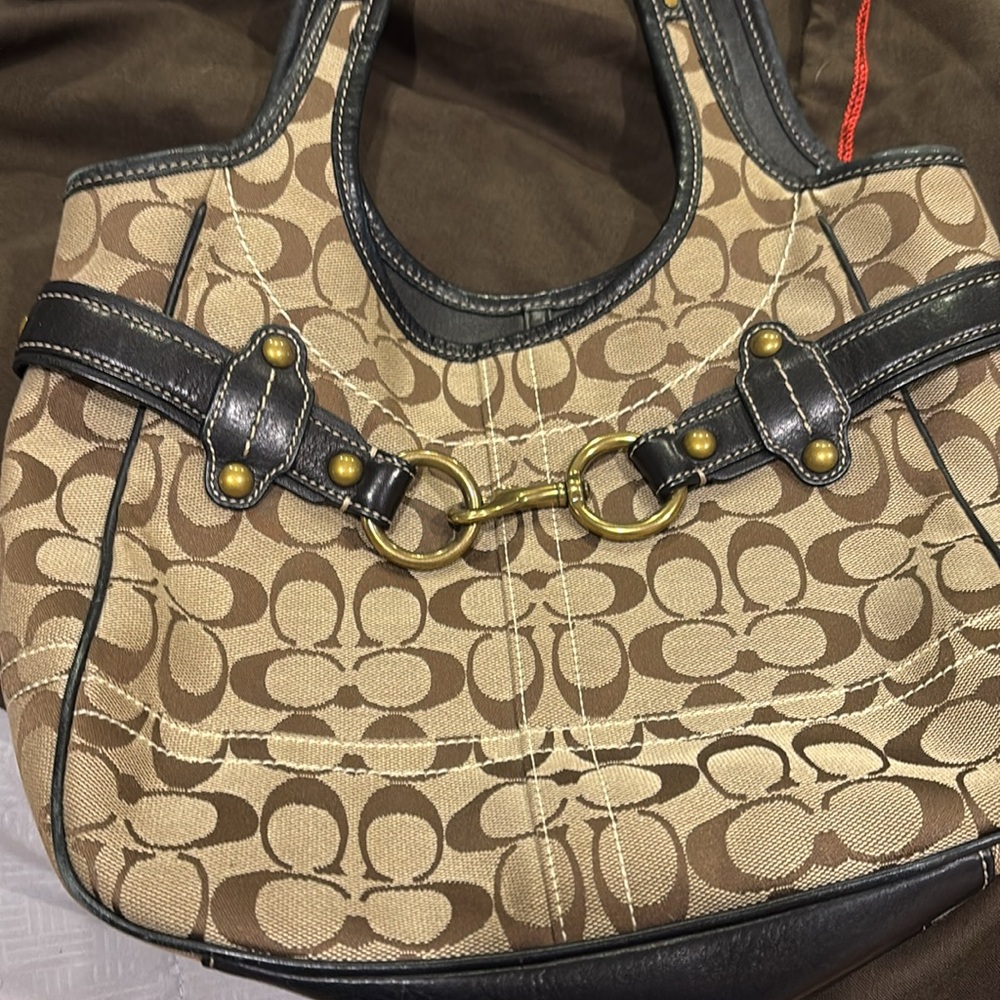 Coach Belted Signature C’s Tote Brown Khaki Leather Hobo purse